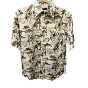 Puritan Mens Brown Marlin Fish Hawaiian Button Down Shirt Small Short Sleeve